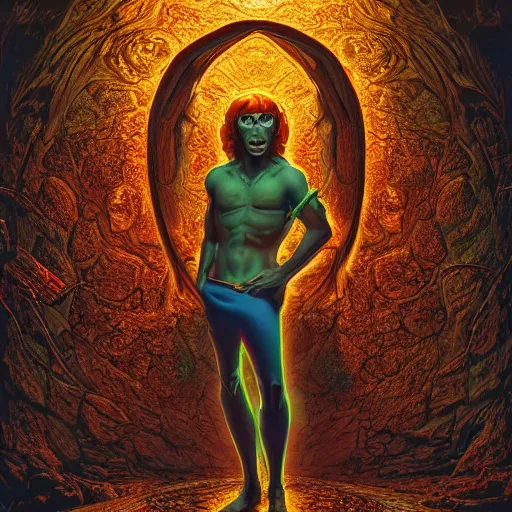 Image similar to photorealistic scooby doo as a demon in the style of michael whelan and gustave dore. hyperdetailed photorealism, 1 0 8 megapixels, amazing depth, glowing rich colors, powerful imagery, psychedelic overtones, 3 d finalrender, 3 d shading, cinematic lighting, artstation concept art