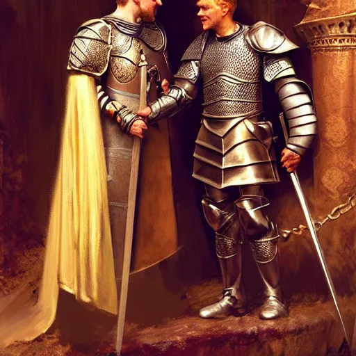 Image similar to attractive arthur pendragon and his favourite attractive male knight, they are in love, camelot, natural lighting, path traced, highly detailed, high quality, digital painting, by gaston bussiere, craig mullins, j. c. leyendecker