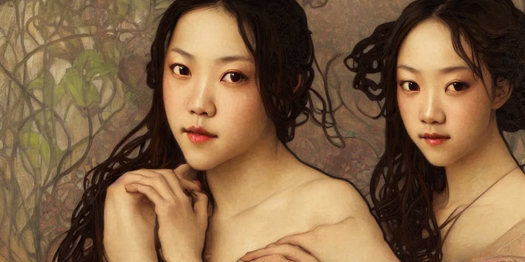 Image similar to a portrait of a very seductive Tang Wei, in the style of WLOP and Alphonse Mucha and Ross Tran, realistic, seductive, closeup, facing the camera, dramatic lighting
