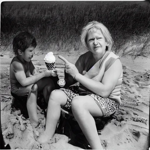 Prompt: Donald trump is having ice cream at the beach by sally mann