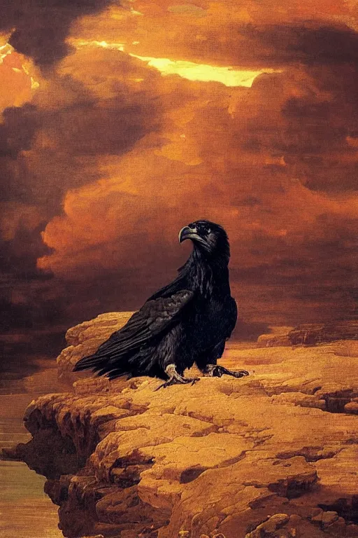 Image similar to a breathtakingly stunningly beautifully highly detailed extreme close up portrait of a majestic raven, a rock arch overhead framing top of shot, epic coves crashing waves plants, beautiful clear harmonious composition, dynamically shot, wonderful strikingly vivid orange beautiful dynamic sunset with epic clouds, detailed organic textures, by frederic leighton and rosetti and turner and eugene von guerard, 4 k