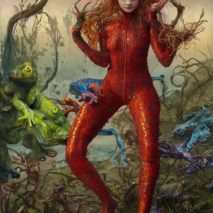 Image similar to a portrait photograph of sadie sink as a brightly colored amphibian hybrid with wet mutated skin. wearing a catsuit many body modifications. by tom bagshaw, donato giancola, hans holbein, walton ford, gaston bussiere, brian froud, peter mohrbacher and magali villeneuve. 8 k, cgsociety