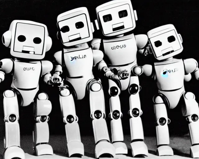 Image similar to middle shot, robots are in love with each other pose for a photo, circa 1 9 8 4