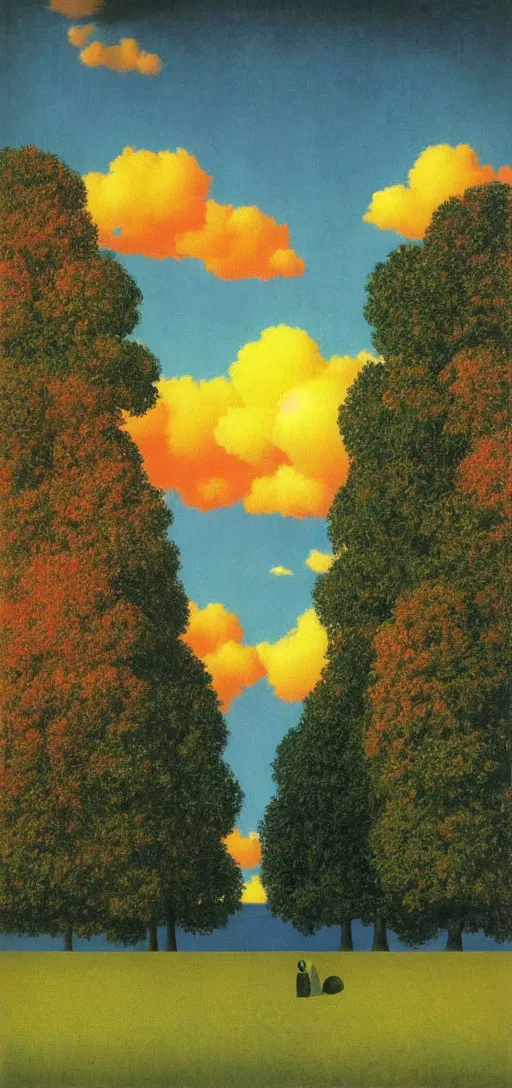 Prompt: Sunset on an autumn day in the park by Rene Magritte. Surreal. Fractal.