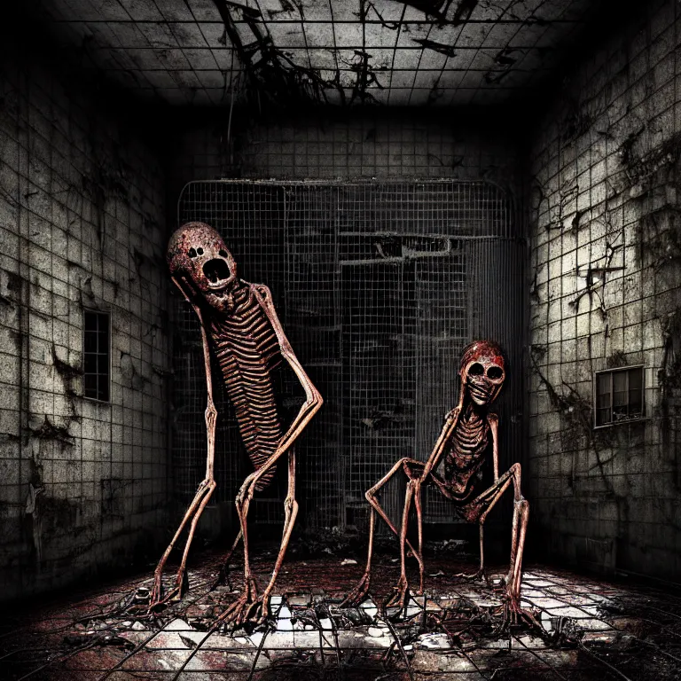 Image similar to Creepy huge suffering humanoid with long limbs sits on the floor and looks at the little old TV. An underground very dark gloomy multi-layered structure of rusty thick iron grates, dense chain-link fencing and peeling walls. Inside view, collapsed floors, bent rusted iron, masterpiece, black background, corners, cinematic, hyperdetailed, photorealistic, hyperrealism, octane render, 8k, depth of field, bokeh, architecture, shadows