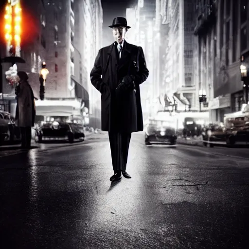 Image similar to a picture of a man with the face of humphrey bogart, wearing a 1 9 4 0's noire detective outfit, standing in the streets of chicago at night, 4 k octane render highly realistic digital painting