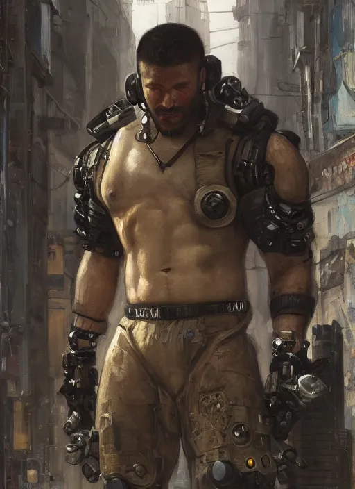 Image similar to weightlifter with super large robot arms. cyberpunk mercenary minion in a military vest ( blade runner 2 0 4 9, cyberpunk 2 0 7 7 ). orientalist portrait by john william waterhouse and james gurney and theodore ralli and nasreddine dinet, oil on canvas. cinematic, hyper realism, realistic proportions, dramatic lighting, high detail 4 k