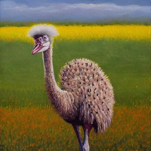 Prompt: a oil painting of an ostrich in a field of flowers. the colors are soft and muted, with the ostrich being the only thing in focus. the camera shot is from above, looking down on the scene.