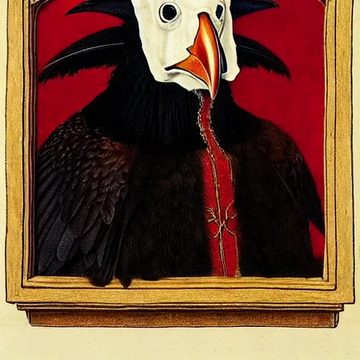 Image similar to a highly detailed portrait of a raven, wearing elegant tudor clothes, inside a room with thick red tapestries, by hans holbein and alessandro allori