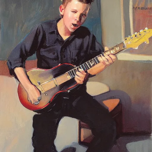 Prompt: a portrait of young james hetfield playing guitar, by gregory manchess and stanley lau