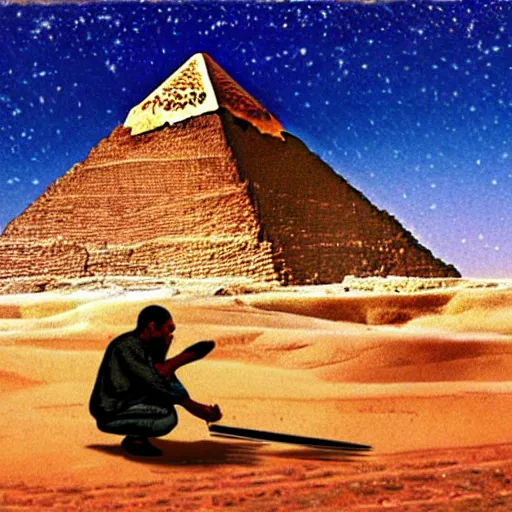 Image similar to a man cutting wood in front of egypt pyramids, painted by drew struzan