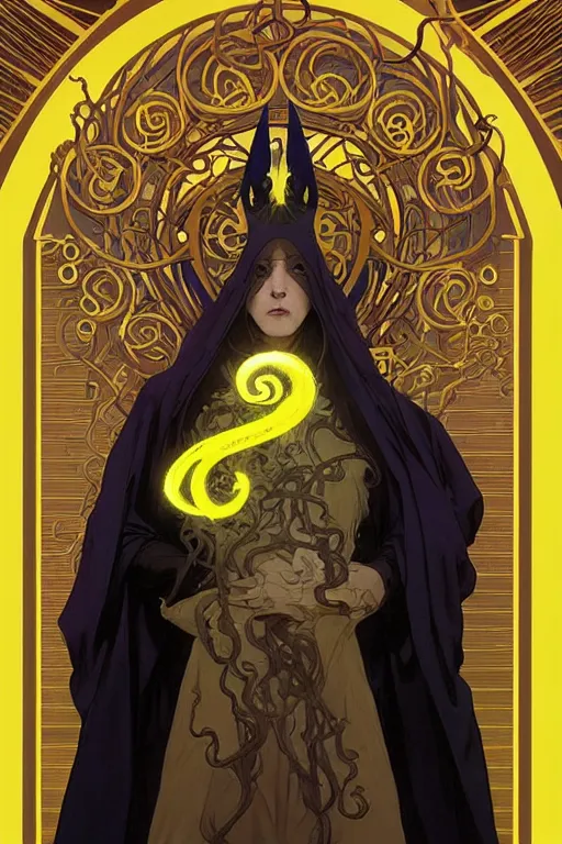 Image similar to A full body portrait of a mysterious character with no face with a very long hooded yellow cloak, a golden crown floating above his head, tentacles coming out the ground art by Artgerm and Greg Rutkowski and Alphonse Mucha and Craig Mullins and James Jean and Andrei Riabovitchev and Marc Simonetti and peter mohrbacher, sharp focus, ominous, cosmic horror, trending on artstation, Ultra detailed, hyper realistic 4k