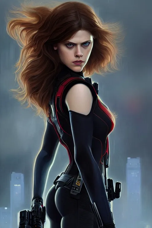 Image similar to alexandra daddario as black widow, realistic portrait, symmetrical, highly detailed, digital painting, artstation, concept art, smooth, sharp focus, illustration, cinematic lighting, art by artgerm and greg rutkowski and alphonse mucha