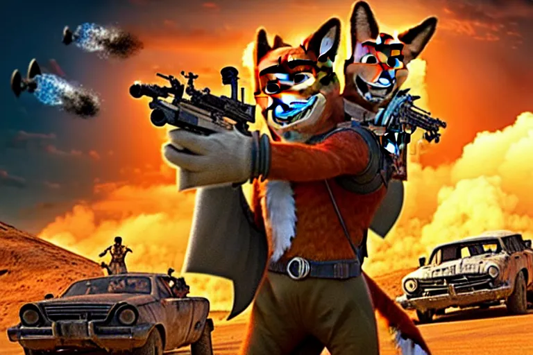 Image similar to nick wilde, heavily armed and armored facing down armageddon in a dark and gritty reboot from the makers of mad max : fury road : witness me