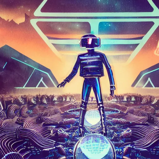 Image similar to daft punk standing in front of a gigantic robot army, cyberpunk futuristic alien landscape, weird plants, banners covered with alien writing glyphs, by Małgorzata Kmiec