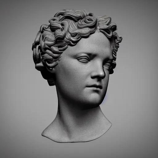 Image similar to a neon ring encircles a renaissance statue head, 3 d render