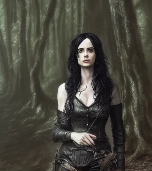 Image similar to 5 5 mm close up portrait photo of krysten ritter as yennefer of vengerberg in black leather armor and black hair, in a forest. magical atmosphere. art by greg rutkowski. lifelike. very detailed 8 k. intricate. soft light. nikon d 8 5 0.