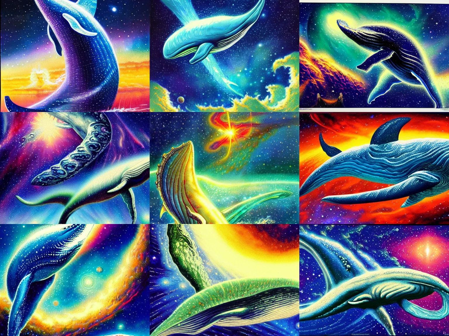 Prompt: finely detailed gouache painting of a whale - like space leviathan, swirling luminous nebula background, bob eggleton, ultra detailed, gouache illustration of a space whale foreground, colorful nebula background, mike ploog, sharp focus