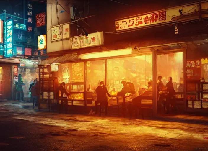 Image similar to through a window, a small cozy ramen restaurant in a busy thriving cyberpunk street at night, trending on cgsociety, unreal engine, 4 k wallpaper