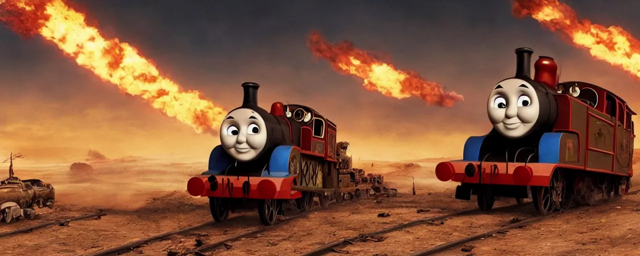 Image similar to Thomas the Tank Engine in the fiery Wasteland of MAD MAX: FURY ROAD