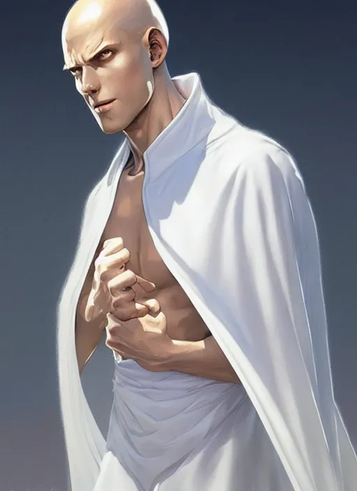 Image similar to ultra realistic illustration, handsome saitama. white cape, intricate, elegant, highly detailed, digital painting, artstation, concept art, smooth, sharp focus, illustration, art by artgerm and greg rutkowski and alphonse mucha and wlop