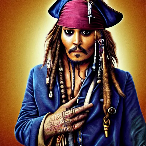 Prompt: portrait of johnny depp as captain jack sparrow, highly detailed, centered, solid color background, digital painting