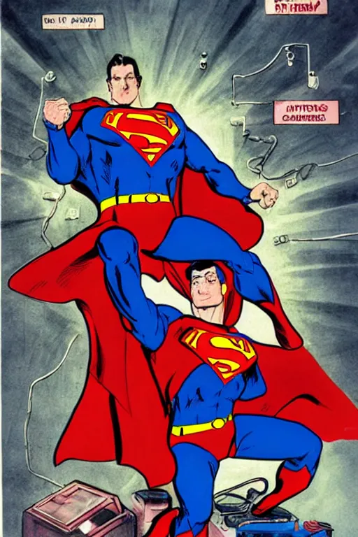 Image similar to a mechanical superman being activated in a top secret government lab, in the style of neal adams