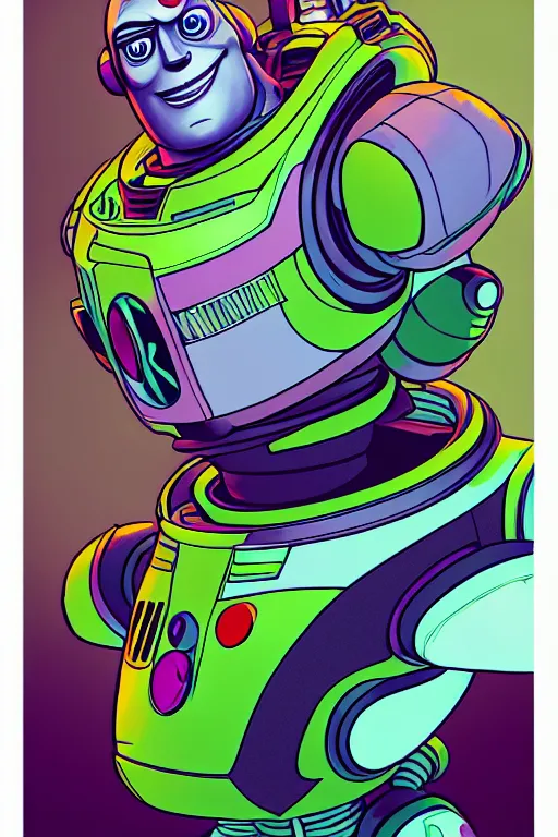 Image similar to a study of cell shaded portrait of Buzz Lightyear as a robot Borderlands 3 character, llustration, post grunge, concept art by josan gonzales and wlop, by james jean, Victo ngai, David Rubín, Mike Mignola, Laurie Greasley, highly detailed, sharp focus, alien, Trending on Artstation, HQ, deviantart, art by artgem