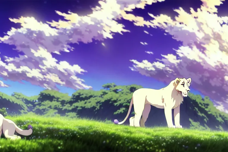 Image similar to a vast scene, panorama distant view, anime art full body portrait character concept art, hyper detailed scene render of a boy and a white lion, anime key visual of violet evergarden, finely detailed perfect face delicate features directed gaze, in the white clouds fairyland, trending on pixiv fanbox, violet evergarden, studio ghibli, james jean, extremely high quality artwork