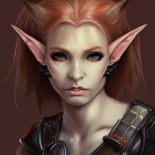 Image similar to portrait of a female elf orc by ayami kojima, she is about 2 0 years old, american pretty, copper hair, annoying but friendly, she is wearing a modern tactical gear, scifi, highly detailed portrait, digital painting, artstation, concept art, smooth, sharp foccus ilustration, artstation hq