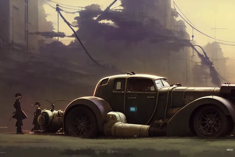 Prompt: dieselpunk, car, painted by greg rutkowski makoto shinkai takashi takeuchi studio ghibli, akihiko yoshida