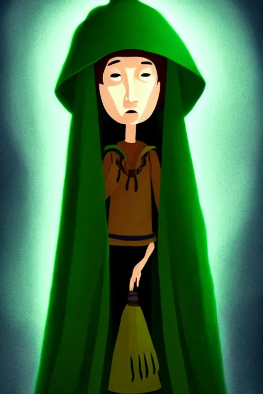 Image similar to A full body portrait of a cute shaman with no face, glowing eyes and a very long hooded dark green cloak of leaves in the style of Pixar, stylized