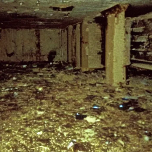 Image similar to vhs footage of a creepy basement with a plastic bag filled with blood lying on the decrepit concrete floor, photo taken with flash, found footage, horror, blair witch, by Trevor Henderson