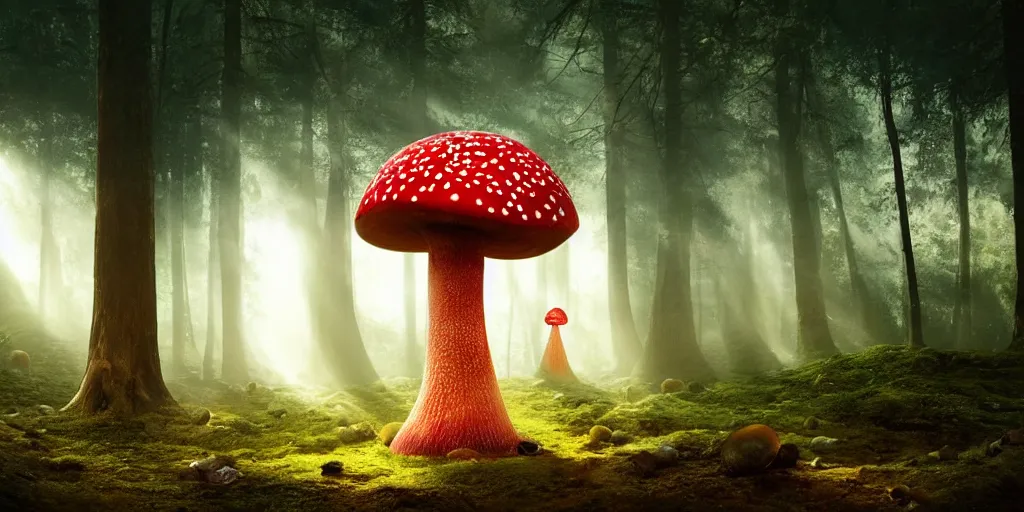 Image similar to Photo by Filip Hodas of the cinematic view of the Forest of the Giants, giant mushroom with a little transparency, some normal mushrooms on the floor, A very big red mushroom with white spots , photorealism, a few sun ray of lights falling, photo taken with canon 5D