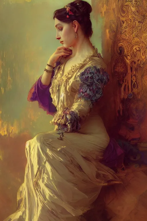 Image similar to an intricate artistic pose painting of a beautiful young victorian lady with an artistic pose wearing a beautiful velvet dress, hyper detailed, octane render, vivid colors, artstation, by jeremy mann, alphonse mucha, by boris vallejo