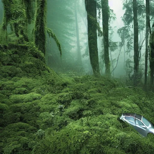 Image similar to A cinematographic 30mm shot of crashed white tesla cars resembling skeletons of whales outgrown by moss, vines and ferns, submerged in a lush and dense forest, dusk light filtering from the trees below. The scene is apocalyptic, eerie but serene, volumetric, 8k, high resolution