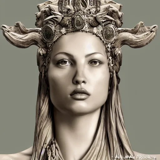 Image similar to A digital masterpiece illustration concept art of giant porcelain statue of Sofia Vergara as a greek goddess its top in the heaven, beautiful eyes, symmetrical face, symmetrical body, taiga landscape + inspired art by mark brooks, peter kemp + Extremely detailed and intricate complexity + epic composition, magical atmosphere, cinematic lighting + wide long shot, wide angle + trending on artstation + 8k