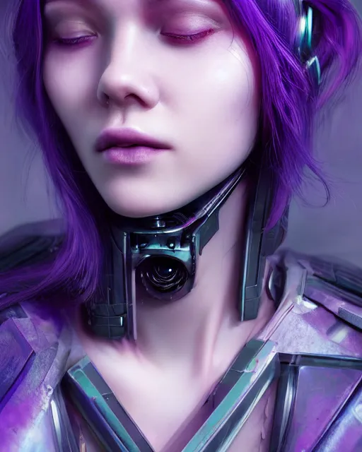 Image similar to portrait of a aesthetic beatiful woman with violet hair as a cyberpunk cyborg with tear drop on face, sci - fi, missing panels, intricate abstract upper body intricate artwork, by tooth wu, wlop, beeple, dan mumford. concept art, octane render, deviantart, greg rutkowski, cinematic, key art, hyperrealism, iridescent accents