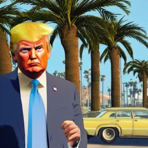 Image similar to Donald trump in GTA V . Los Santos in background, palm trees. in the art style of Stephen Bliss