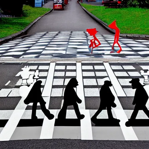 Prompt: a photo of four chess pieces with legs walking across a pedestrian crossing, like beatles abbey road, perspective, trees in the background