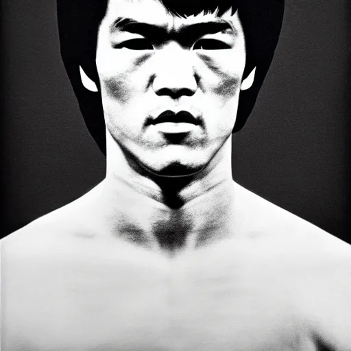 Prompt: kodak portra 4 0 0 portrait of bruce lee, think different poster, highly detailed, symmetry, black and white