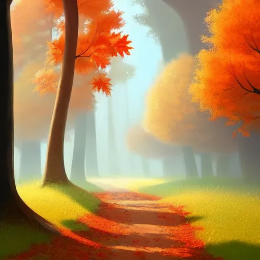 Image similar to goro fujita ilustration an autumn forest with tall trees, the ground full of leaves, the light rays reach the ground, the rain falls creating drops all over the forest., painting by goro fujita, sharp focus, highly detailed, artstation