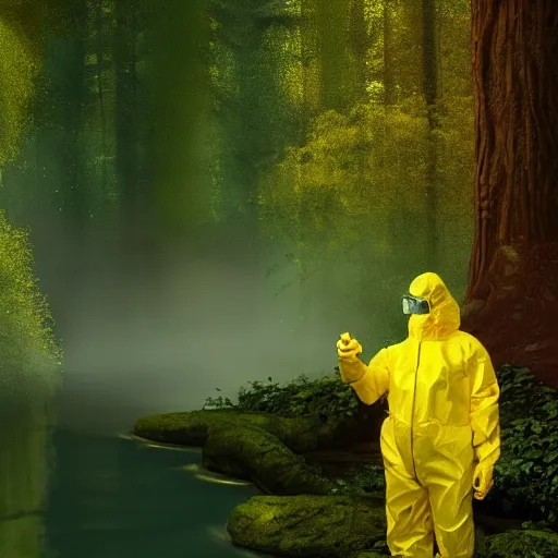 Image similar to a man in a yellow hazmat suit stands in a detailed forest and pours glowing green liquid into a magical river, photorealistic painting, concept art, rendering, octane, redshift, cinematic composition, volumetric lighting