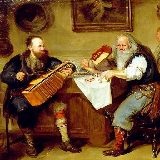 Image similar to Oil painting of Joe Biden playing the Hurdy Gurdy at a fantasy tavern, by Peter Paul Rubens