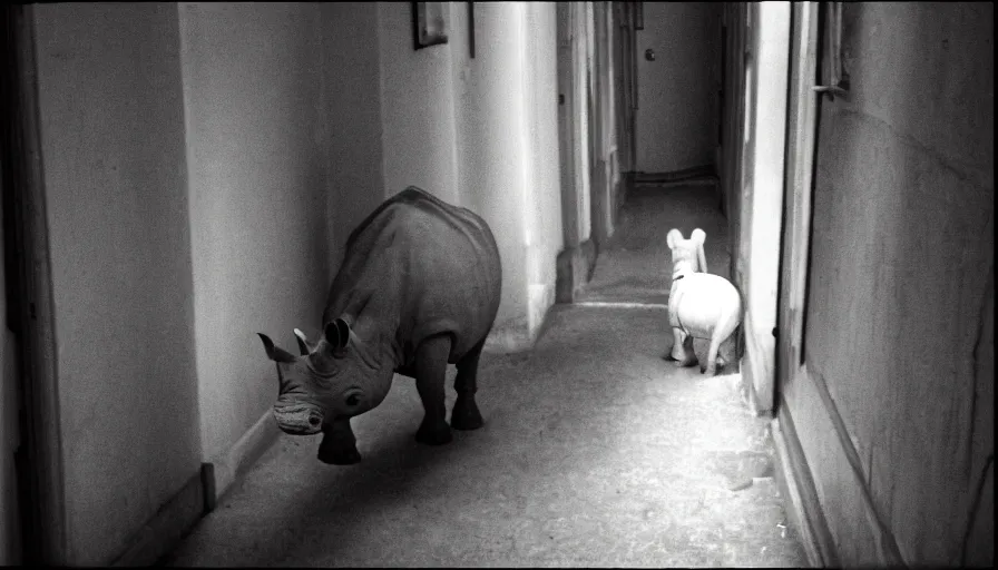 Image similar to a rhinoceros in a stalinist style house corridor, by mini dv camera, very very low quality, heavy grain, very blurry, accidental flash, caught on trail cam