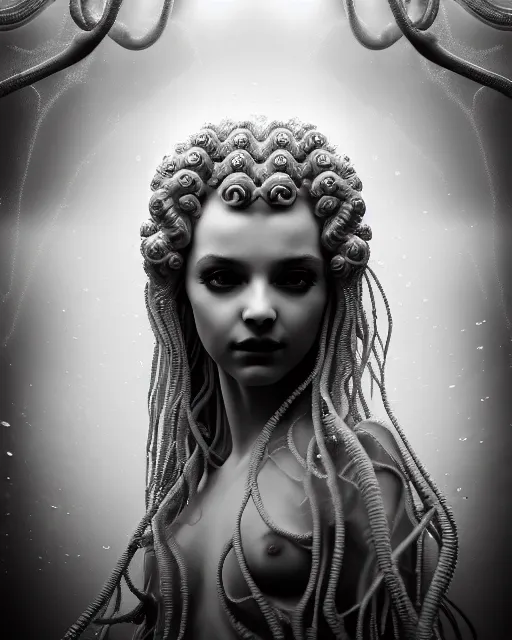 Prompt: mythical dreamy underwater artistic black and white photo of a translucent beautiful young female angelic - medusa - vegetal - doll, highly detailed, intricate crystal ivy jelly ornate, poetic, translucent algae ornate, digital art, octane render, 8 k artistic photography, photo - realistic, hg giger flora borsi