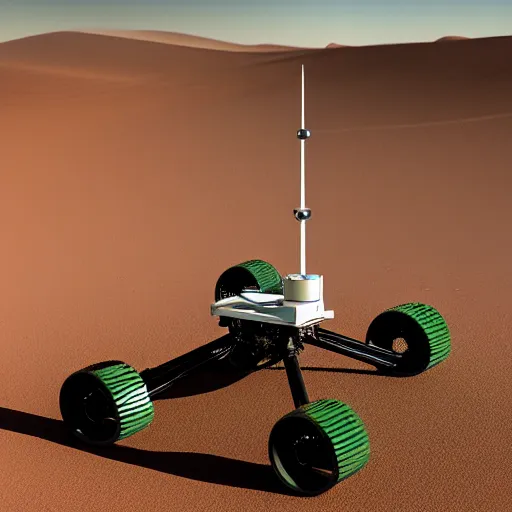 Prompt: zaha hadid, mars rover style peaceful mobile biomimetic rugged anemometer station sensor antenna on all terrain tank wheels, for monitoring the australian desert, XF IQ4, 150MP, 50mm, F1.4, ISO 200, 1/160s, dawn, golden ratio, rule of thirds