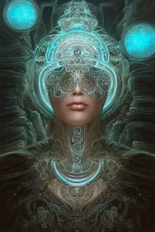 Prompt: a render of an ancient futuristic ethereal being with digital modifications surrounded by a underwater ink pour and flowing liquid gallium and complex sacred geometry, powerful, cinematic, beautifully lit, perfect face, by john howe, by beeple, by artgerm, by karol bak, by brian froud, 3 d, trending on cgsociety, octane render, 8 k