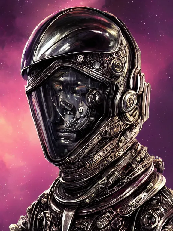 Image similar to portrait art of 8k ultra realistic undead retro futuristic astronaut vampire king , galaxy reflected in helmet , detailed intricate ornate armour,corrupted, cybernetic, full of colour, cinematic lighting, battered, trending on artstation, 4k, hyperrealistic, focused, extreme details,unreal engine 5, cinematic, masterpiece, art by ayami kojima, giger