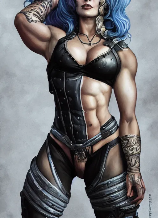 Image similar to detailed portrait of margot robbie as a thick female bodybuilder goth zarya from overwatch, attractive, beautiful, fantasy, intricate, elegant, highly detailed, digital painting, artstation, concept art, matte, sharp focus, illustration, art by aenaluck, artgerm and roberto ferri and greg rutkowski, epic fantasy, digital painting